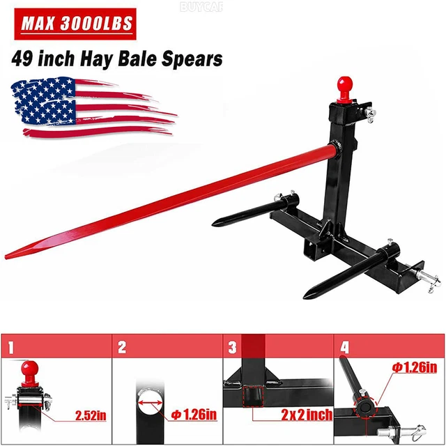 Cat 1 Tractor 3 Point Trailer Hitch 49" Hay Bale Spear 3000 lbs 2x17" Stabilizer