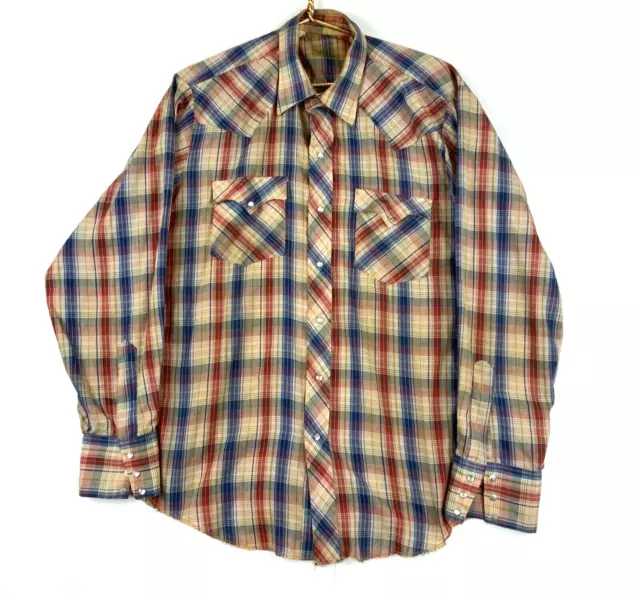 Vintage Pearl Snap Shirt Size XL Checkered Long Sleeve Gripper Zipper Snaps 70s