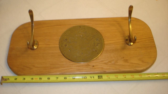 Wooden Oak Coat / Hat Hanger, 2 SOLID BRASS HOOKS-6" OLD ASIAN LOCKER EMBLEM