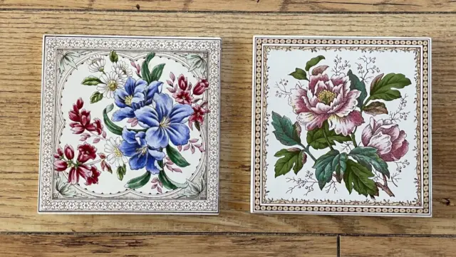 2 Vintage Decorative H & R Johnson Floral Ceramic Wall Tiles Art Picture