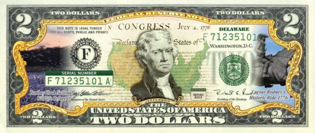 DELAWARE State/Park COLORIZED Legal Tender U.S. $2 Bill w/Security Features