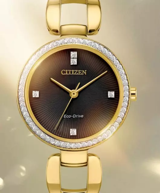 Citizen Ladies EM1032-58E Eco Drive Crystal Accented Gold Tone SS Watch / USED V