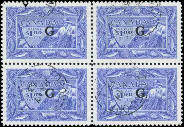 EF++ Canada Used  $1.00 Scott #O27 Block Overprinted G 1950-51 Fisherman Stamps