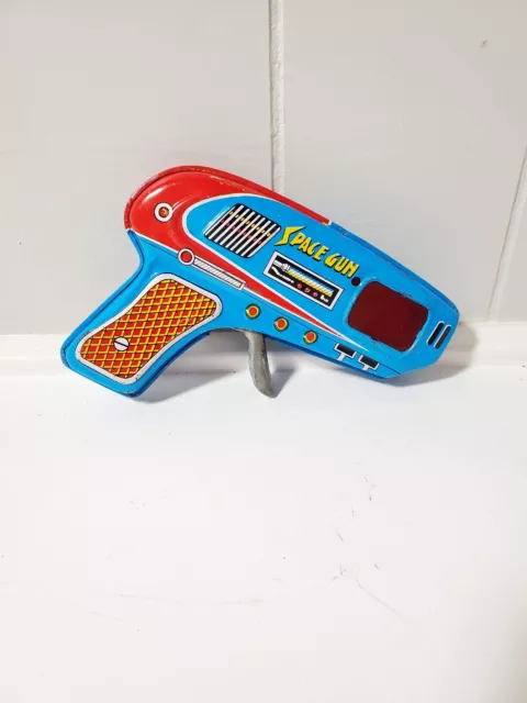 Vintage Tin Litho Metal Friction Space Gun, Blue Red, MTU Made in Korea