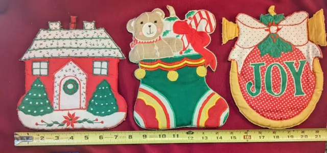Lot/3 Xmas Potholders Hot Pads Cottage Stocking Joy Ornament OLD VTG RARE