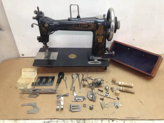 Antique Wheeler & Wilson Sewing Machine W9 Head Late 1800's With Many Extras
