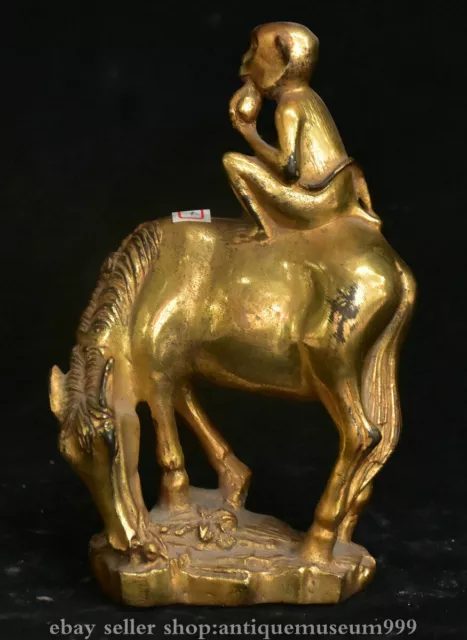 6.4" Old China Bronze Gilt Fengshui  Zodiac Monkey Horse Riding Statue Sculpture