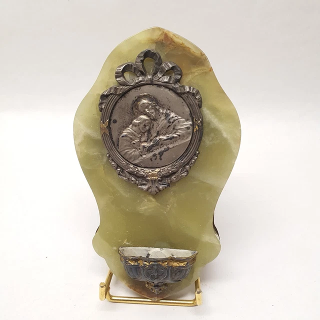 Acquasantiera Pietra Marmo Ottone E Medaglia Metallo Argentato Bailey Louis XVI