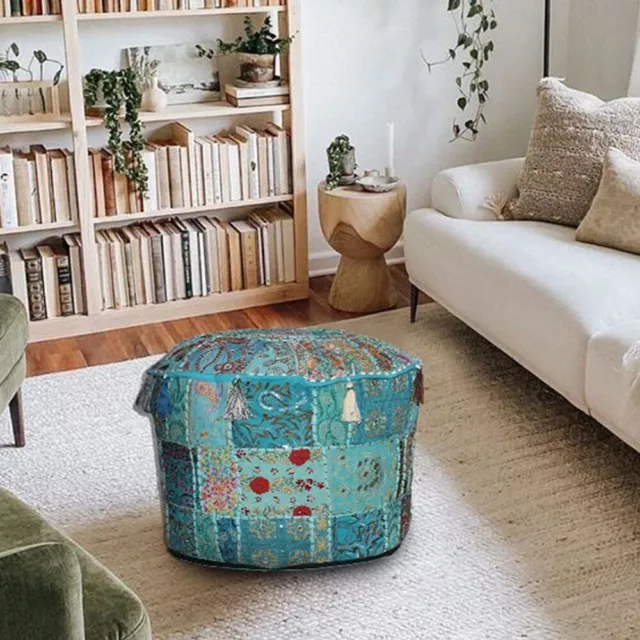 Handmade Patchwork Indian Bohemian Floor Cotton Foot Stool Ottoman Pouffe Cover