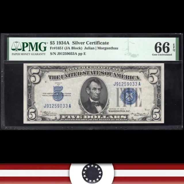 1934-A $5 SILVER CERTIFICATE *J-A Block*  PMG 66 EPQ Fr 1651 59033