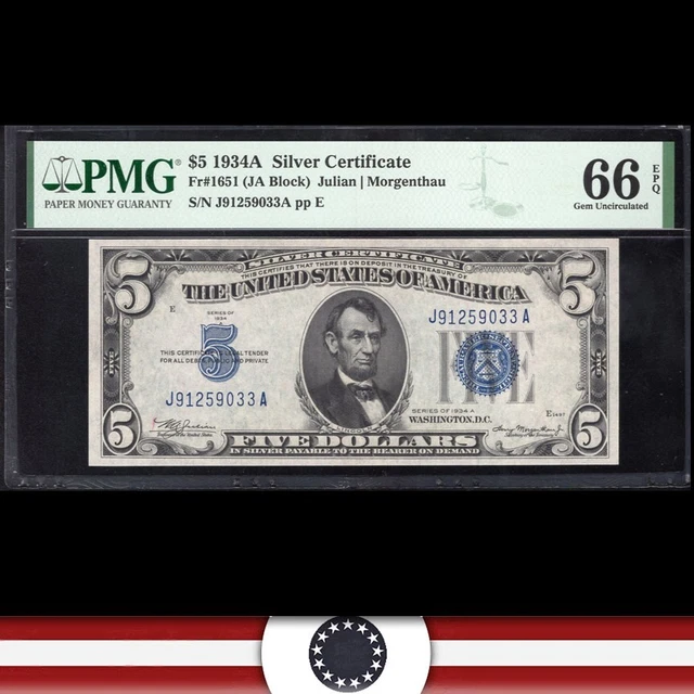 1934-A $5 SILVER CERTIFICATE *J-A Block*  PMG 66 EPQ Fr 1651 59033