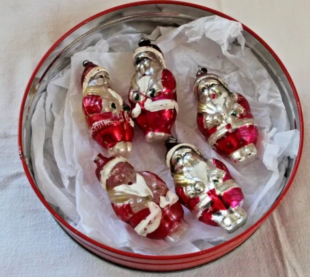 5 Antique Blown Mercury Glass Santa w Toy sacks Christmas Ornament Figural