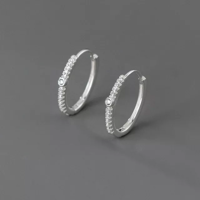 Classic Woman Real S925 Sterling Silver Huggie Hoop Round CZ Earring Clip 1 Pair 2