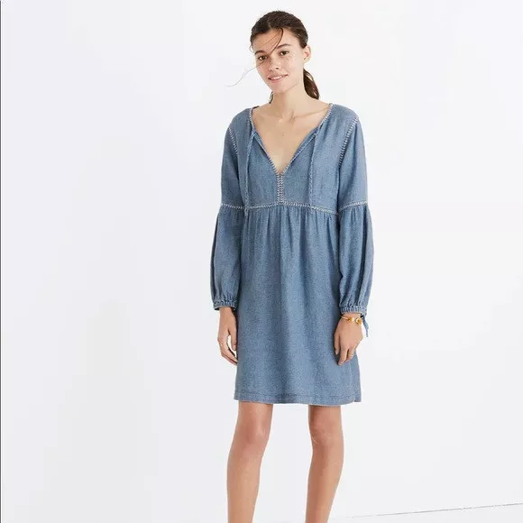 Madewell Linen & Cotton Indigo Peasant Dress in Blue Chambray Size Medium