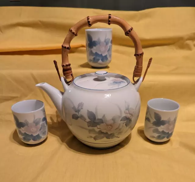 Japanese Ceramic Teapot with Wooden Handle, Pink Flowers, Blue Leaves and 3 cups