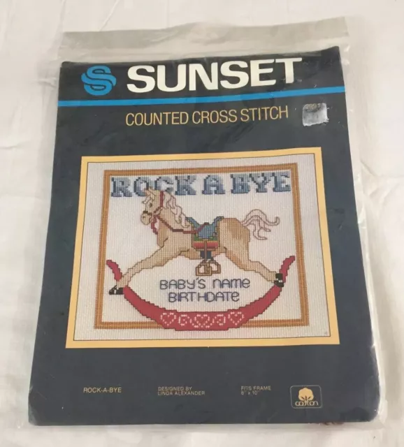 Kit de punto de cruz contado Sunset Designs ROCK A BYE #2991 Rocking Horse de colección 1984