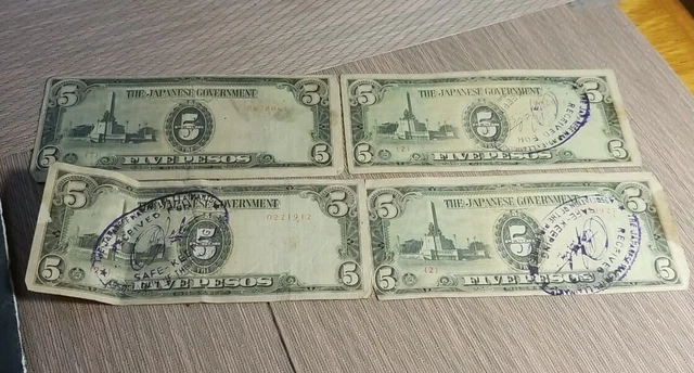 4 Japanese issued WWII 1940s money, currency 3 are stamp