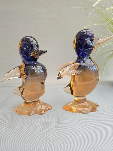 PAIR MURANO ART Glass Duck Figurines Blue & Amber Italy 25–27cm