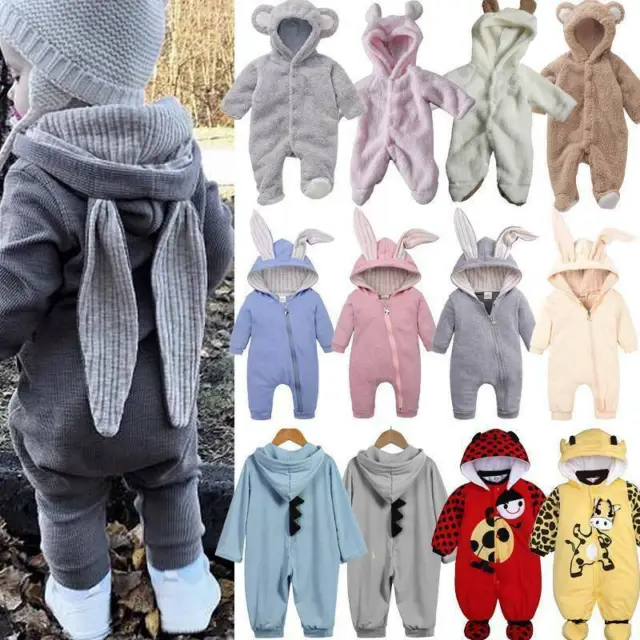 Newborn Baby Boy Girl Bear Rabbit Ear Hooded Romper Jumpsuit Outfits Set Clothes