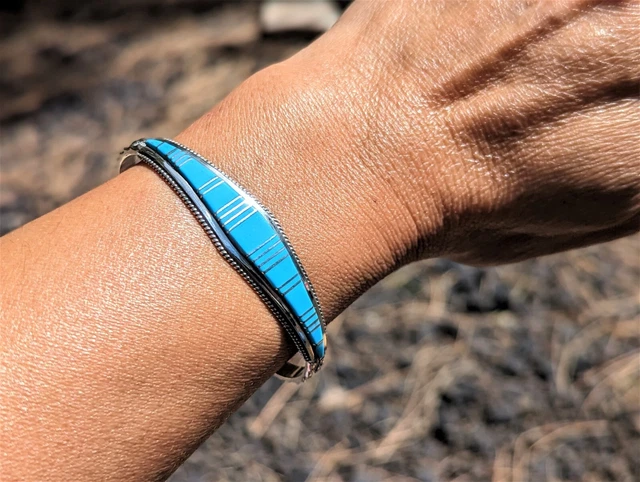 Native American Jewelry Bracelet Turquoise Inlay Sterling Handmade Sz 6