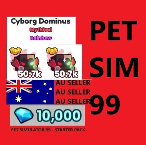 Pet Simulator 99 - 2x RB Rainbow Cyborg Dominus + 10,000 Gems Starter Pack SIM
