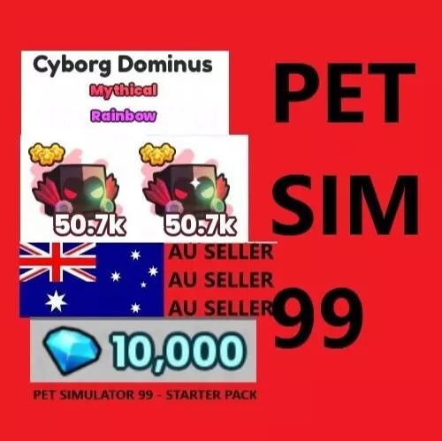 Pet Simulator 99 - 2x RB Rainbow Cyborg Dominus + 10,000 Gems Starter Pack SIM