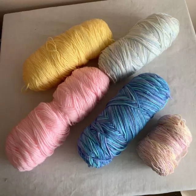 Yarn Steins Lot of 5 Baby Pastels Multi Pink Blue Yellow Aqua Crochet Knit Craft