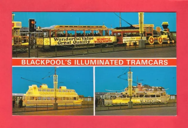 Bamforth Postcard ~ Blackpool's Illuminated Tramcars - Train Hovercraft & HMS