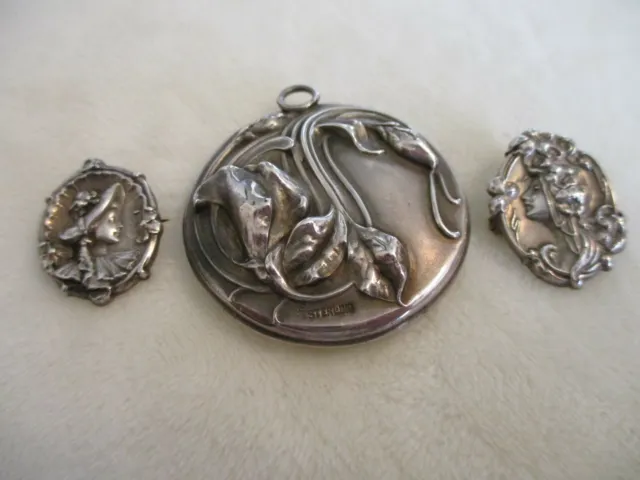 ANTIQUE STERLING SILVER POCKET MIRROR +2 BROOCHES LOT(3) 19g LA PIERRE VICTORIAN