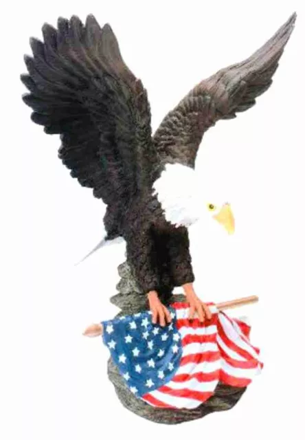 AMERICAN BALD EAGLE Landing STATUE W/ FLAG Patriotic FIGURINE  SCULPTURE  16'