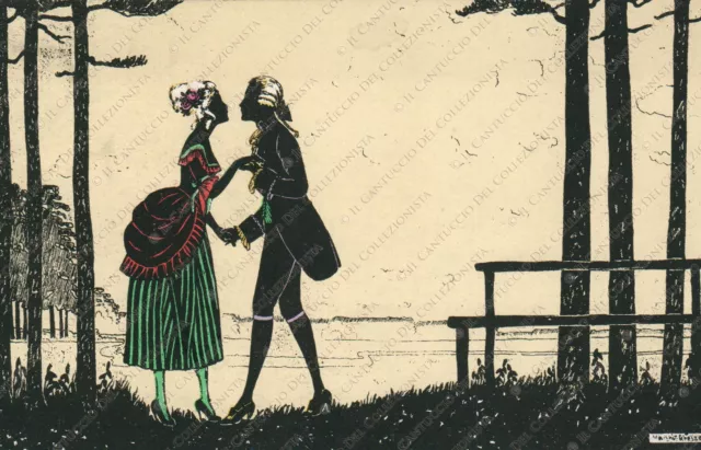 1931 Uomo e donna eleganti si baciano Manni GROSZE Cartolina illustrata