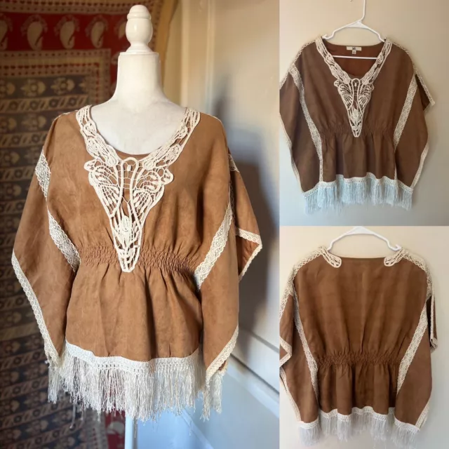 Ya Womens Top Large Brown Faux Suede Crochet Lace Fringe Boho Hippie Cowgirl