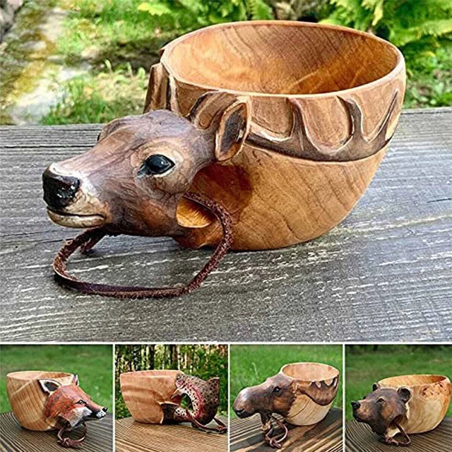 Portable Hand Carved Wooden Water Mug Cup Nordic Style Camping Coffee Tea Cup