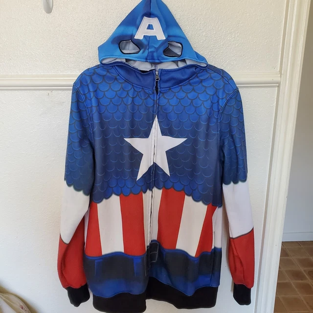 Captain America Men’s Jacket  Red White Blue Full Zip Hoodie Mask Size L Costume
