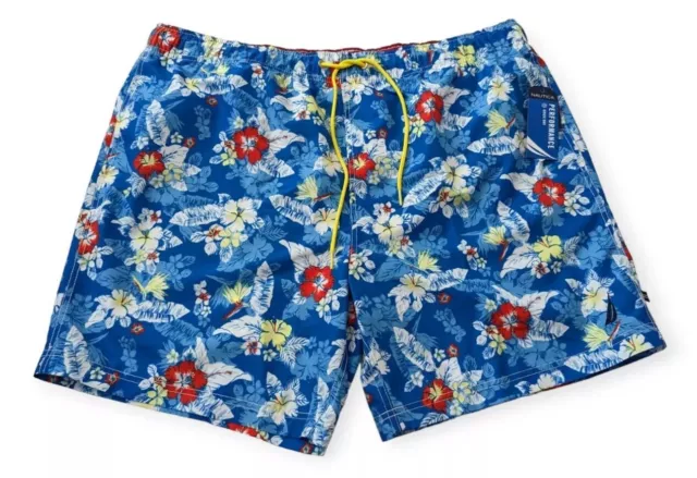 Nautica Mens Hawaiian Blue  Floral Swim Trunks Board Shirts  XL NWT