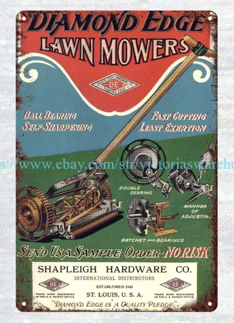 old  plaque wall 1923 Shapleigh Diamond Edge hardware Lawn Mower metal tin sign