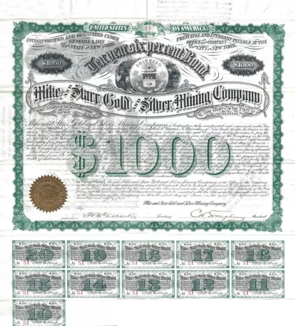 1885 Leadville COLORADO Bond 💲 Mike and Starr GOLD & SILVER MINING Company