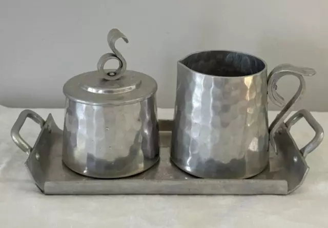 Vintage BW Buenilum Hammered Aluminum Covered Sugar Bowl Creamer Tray Set