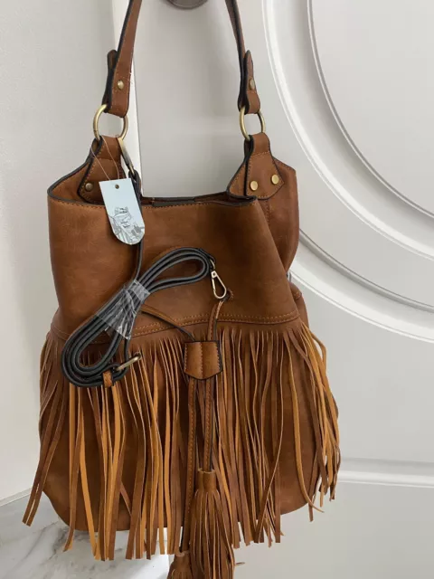 Vegan Faux Leather Fringe Boho Drawstring Shoulder Bag W/Crossbody Strap Br NWT