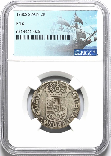 COLONIAL ERA SPAIN. Philip V, Silver 2 Reales, 1730, NGC F12