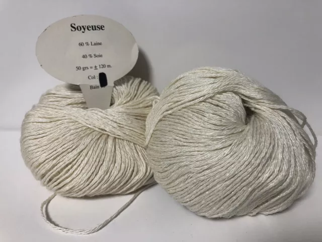 lot de 2 pelotes de laine et soie Blanc Cassé 40% Soie / fabriqué en France