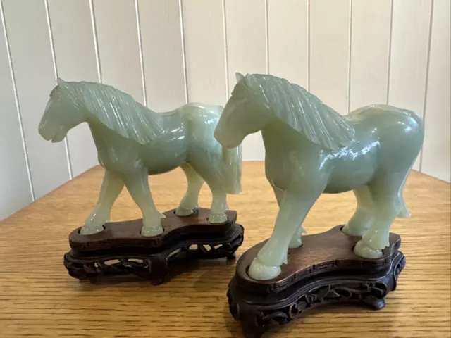 Pair Of Chinese Carved Jade Horse Figures On Wooden Stand