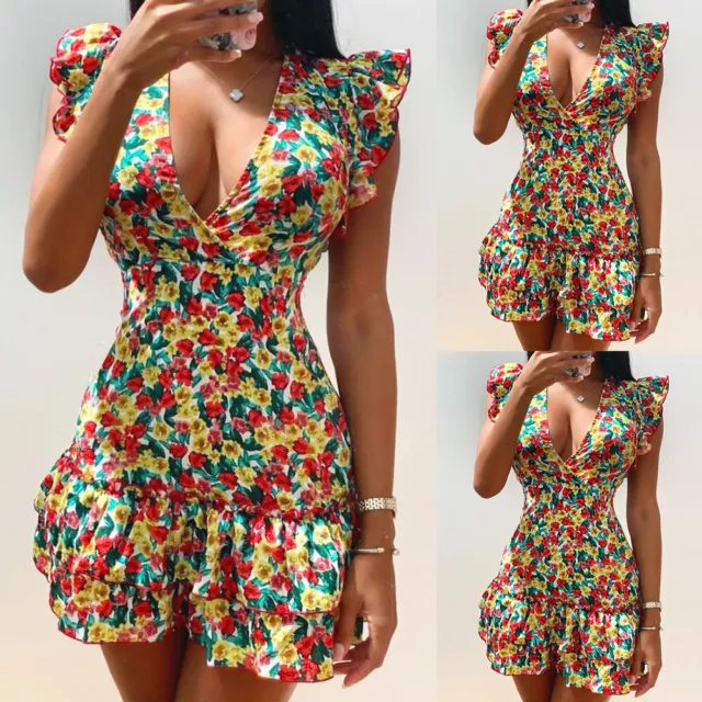 Women Floral Short Sleeve Deep V Neck Mini Dress Summer Party Ruffle Dresses UK