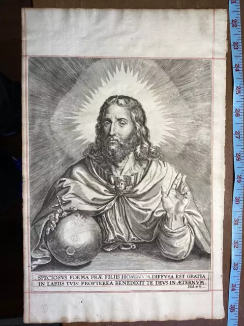 religious engraving Jesus Christ Salvator Mundi c 1660’s print
