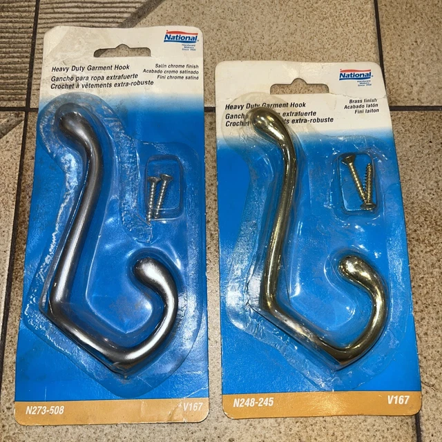 2-Qty National Hardware Heavy Duty Garment Hooks V167 Satin and Brass Finish NOS