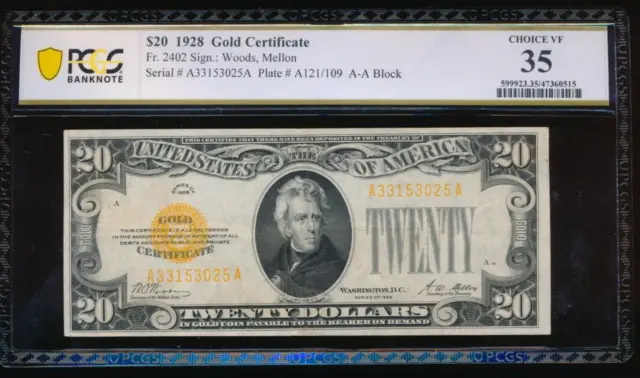 AC Fr 2402 1928 $20 Gold Certificate PCGS 35
