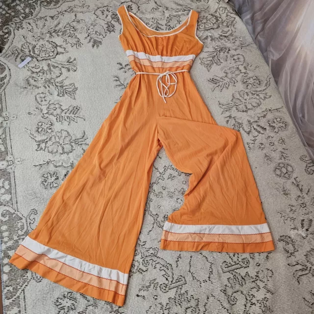 Vintage 1970s Jumpsuit Romper Orange Nylon Disco Retro Scoop Neck Tie Waist