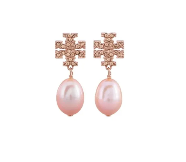 TORY BURCH Rose 18k Gold Plate Kira Pearl Pave Drop Earrings NEW RRP 135