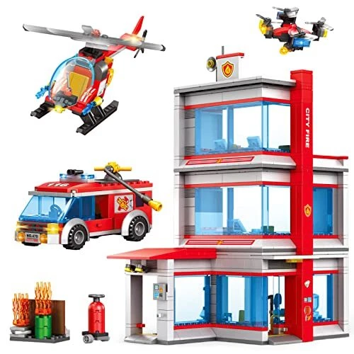 City Fire Station Building Blocks Set, with Emergency Vehicle, Rescue