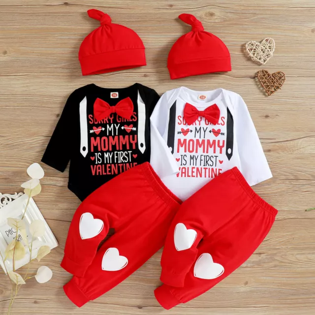 Infant Baby Boys Girls 1st Valentine's Day Romper Bodysuit Pants Hat Outfits